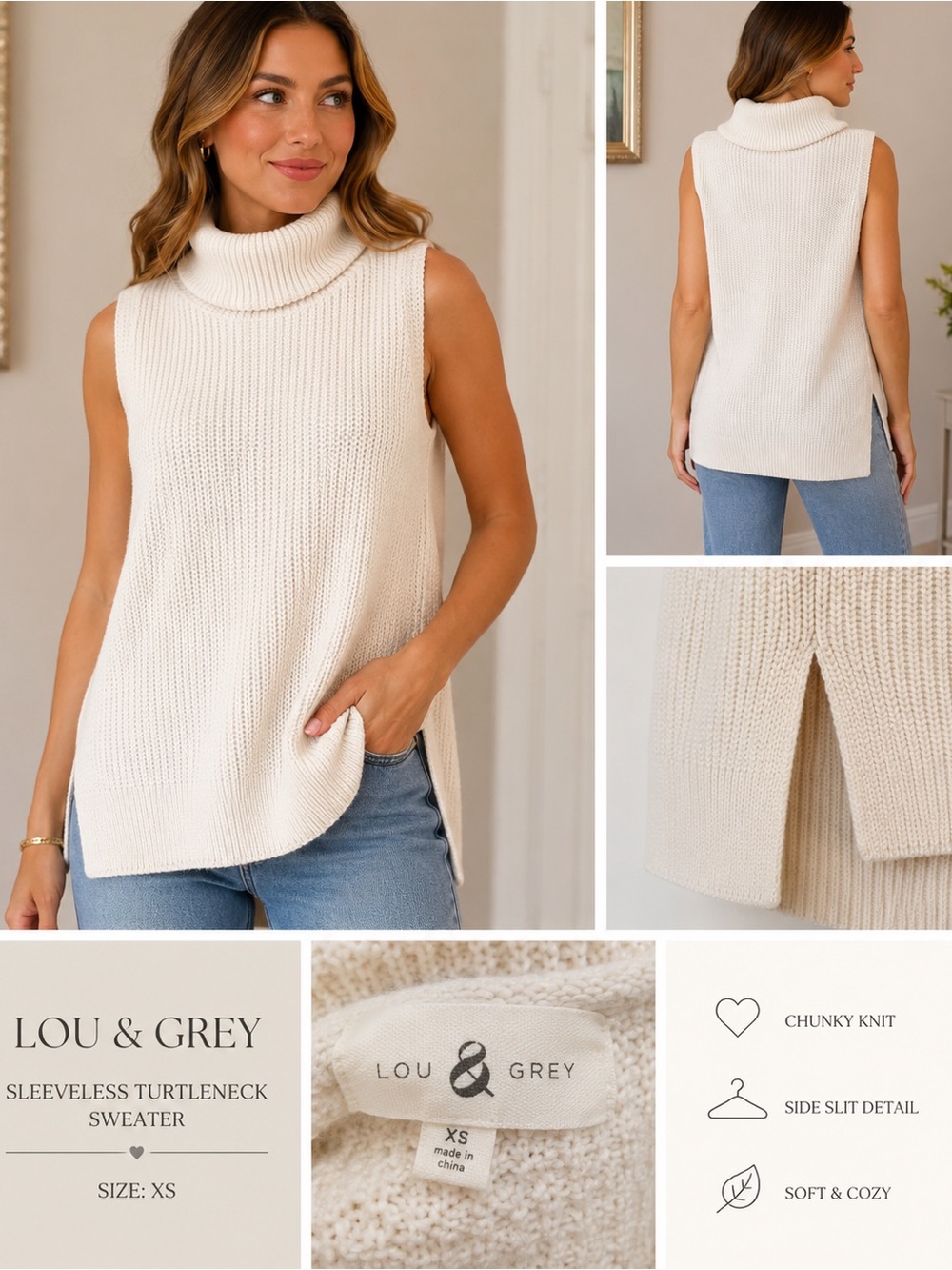 🤍 Lou & Grey Cream Sleeveless Turtleneck Sweater Vest XS